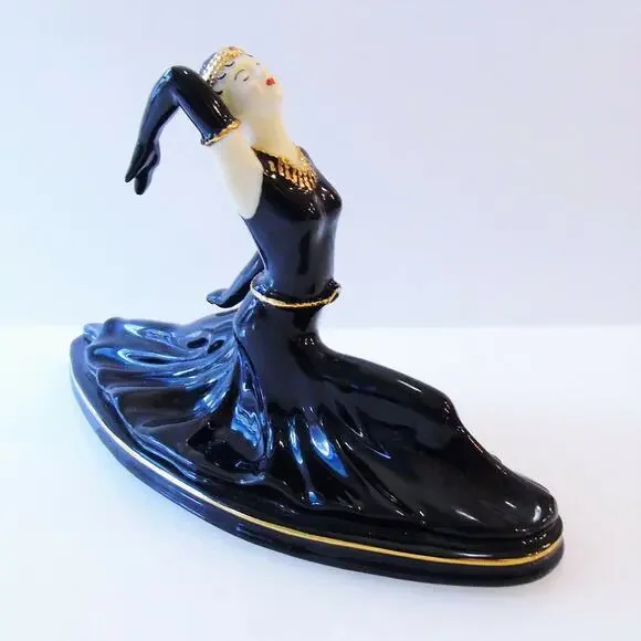 Art Deco LADY DANCER FIGURINE Black Porcelain 24K Gold Accent Split Ballet Pose